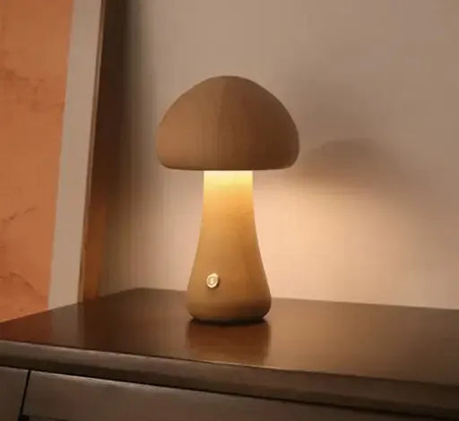 Wooden Mushroom LED Night Light – Touch Control, Warm Glow, USB Rechargeable Lamp for Kids & Bedroom Decor