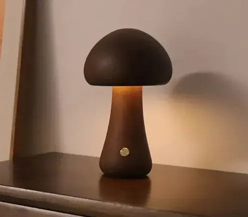 Wooden Mushroom LED Night Light – Touch Control, Warm Glow, USB Rechargeable Lamp for Kids & Bedroom Decor