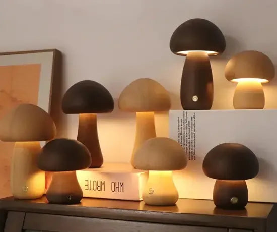 Wooden Mushroom LED Night Light – Touch Control, Warm Glow, USB Rechargeable Lamp for Kids & Bedroom Decor