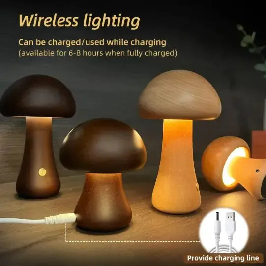 Wooden Mushroom LED Night Light – Touch Control, Warm Glow, USB Rechargeable Lamp for Kids & Bedroom Decor
