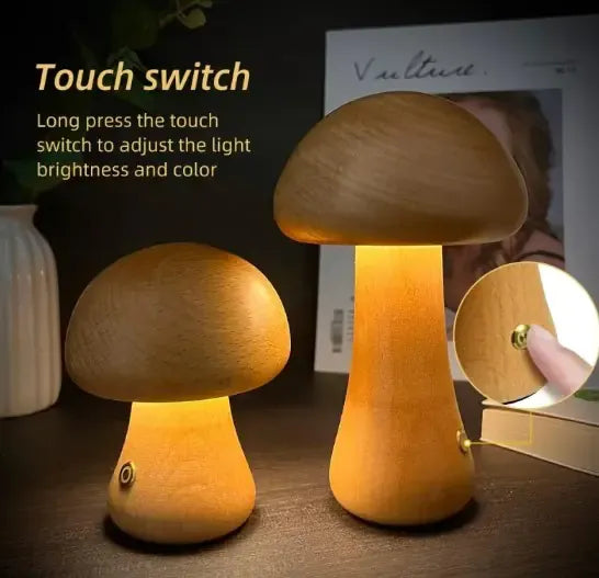 Wooden Mushroom LED Night Light – Touch Control, Warm Glow, USB Rechargeable Lamp for Kids & Bedroom Decor