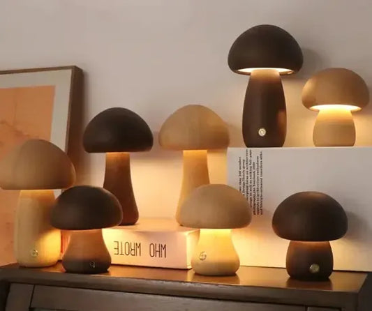Wooden Mushroom LED Night Light – Touch Control, Warm Glow, USB Rechargeable Lamp for Kids & Bedroom Decor
