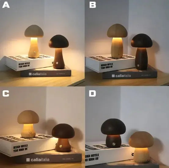 Wooden Mushroom LED Night Light – Touch Control, Warm Glow, USB Rechargeable Lamp for Kids & Bedroom Decor